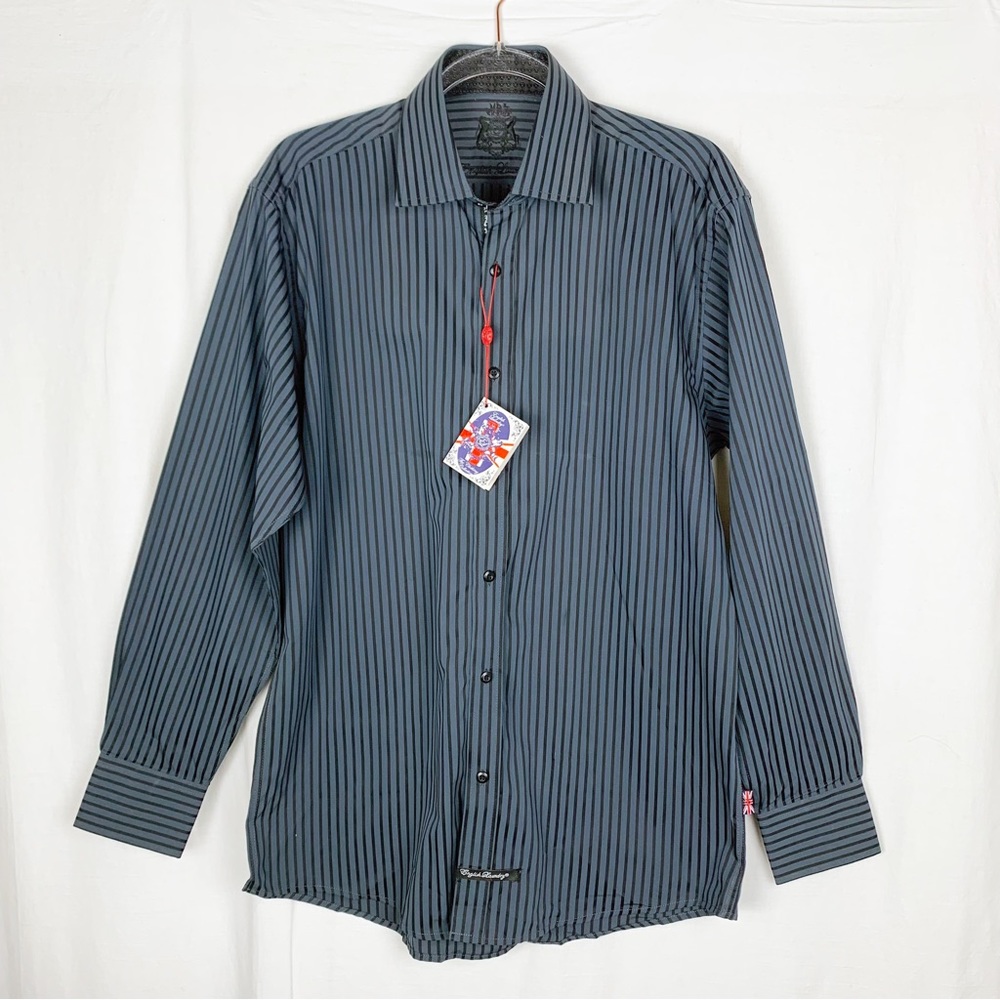 ENGLISH LAUNDRY Black Blue Stripes Flip Cuffs Men's Dress Shirt NWT sz 16 34/35